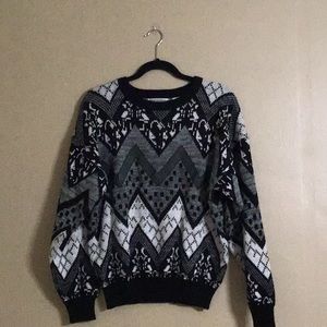 Gabrielle Sweater Sz M Abstract Vintage Long Sleeves with Genuine Leather Trim